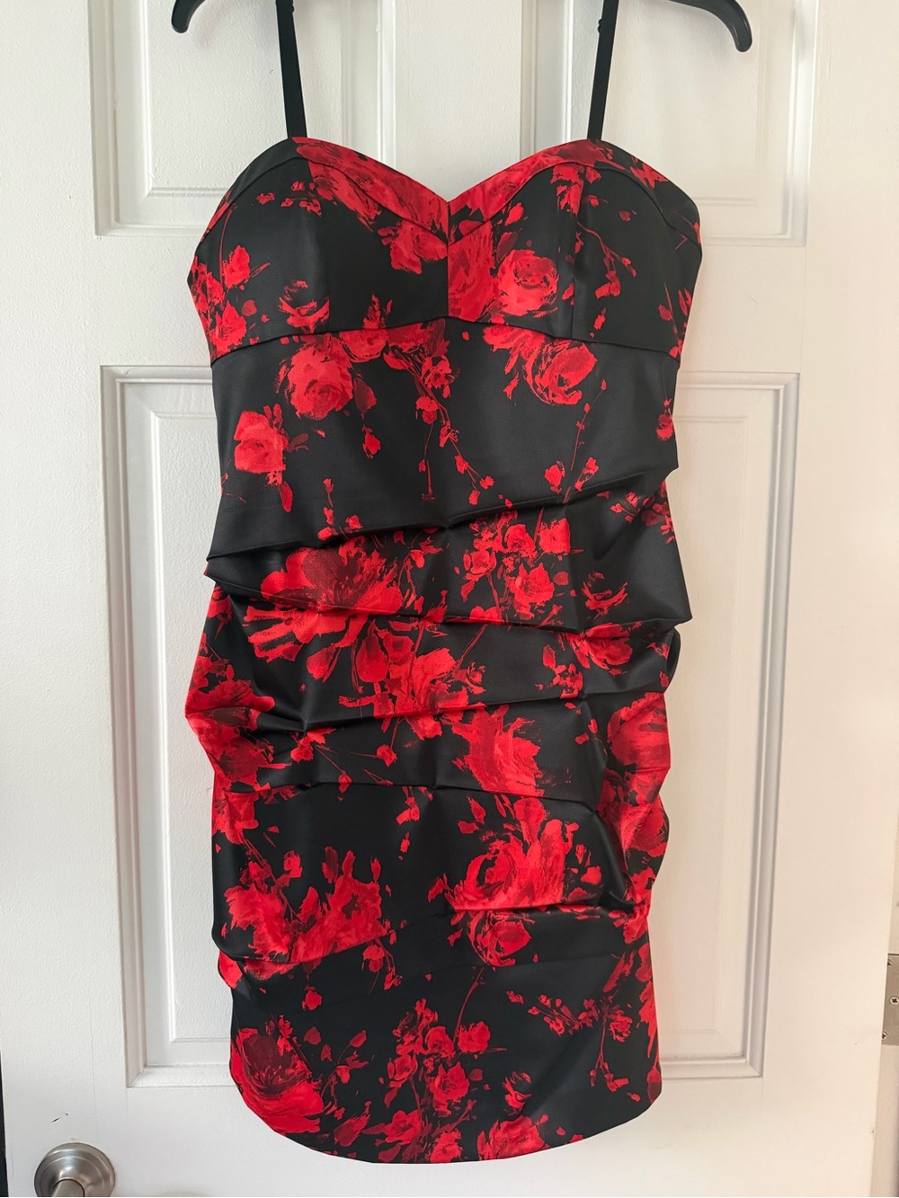 Guess Satin Spaghetti Strap Black Dress with Red Floral Print